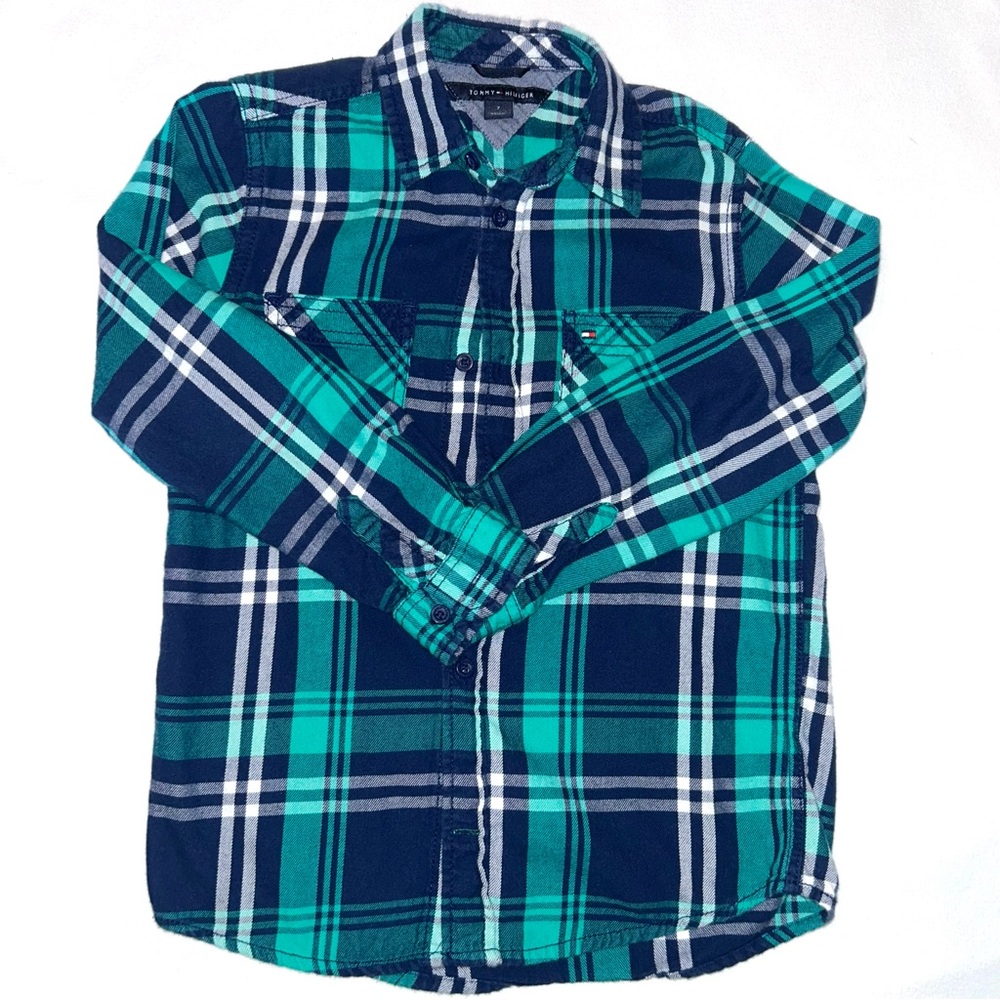 Tommy Hilfiger Blue and Green Plaid Shirt